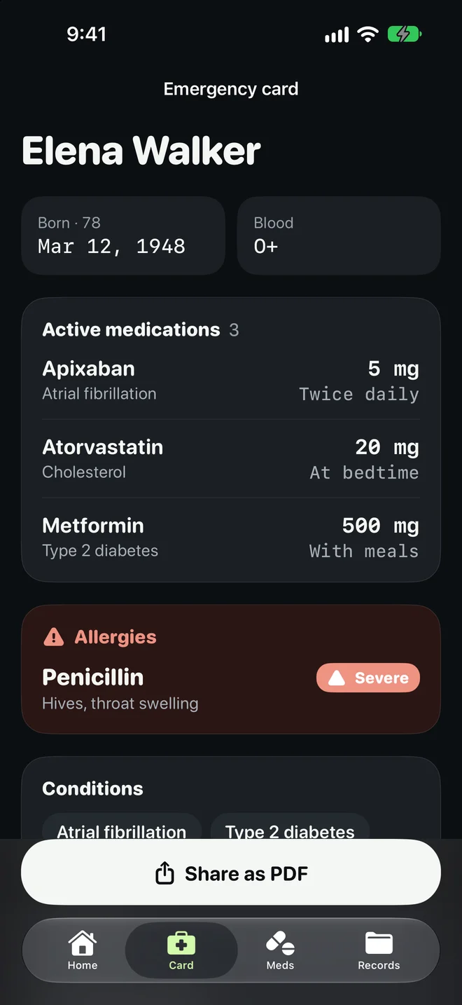 The same emergency card in dark mode.