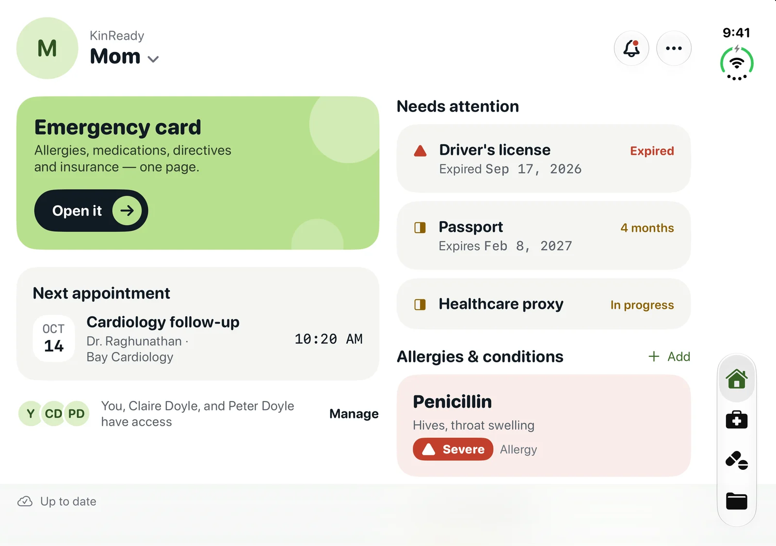 KinReady on iPhone Duo, open: the emergency card and next appointment on the left, documents that need attention and a severe penicillin allergy on the right.