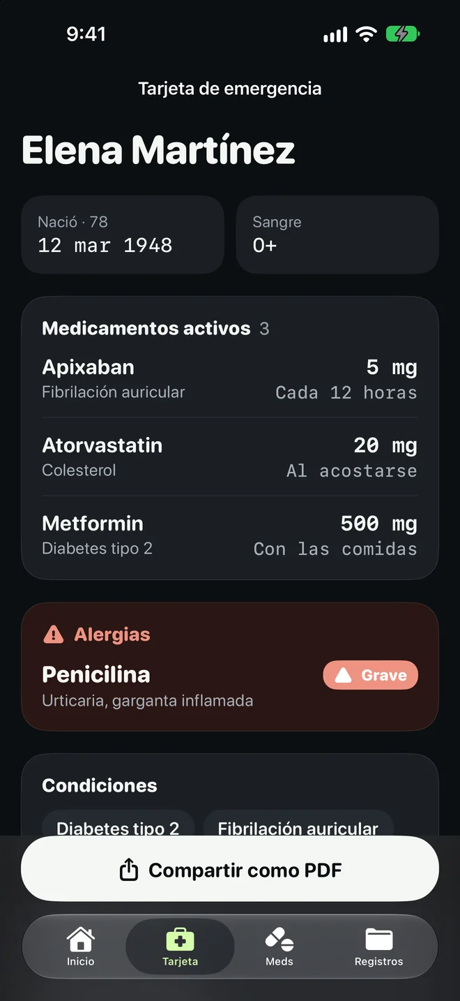 La misma tarjeta de emergencia en modo oscuro.