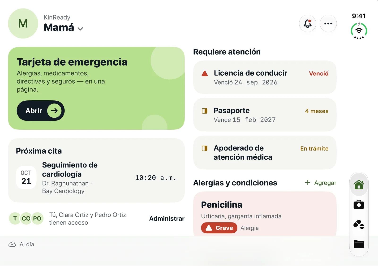 KinReady en iPhone Duo abierto: la tarjeta de emergencia y la próxima cita a la izquierda; los documentos que requieren atención y una alergia grave a la penicilina a la derecha.